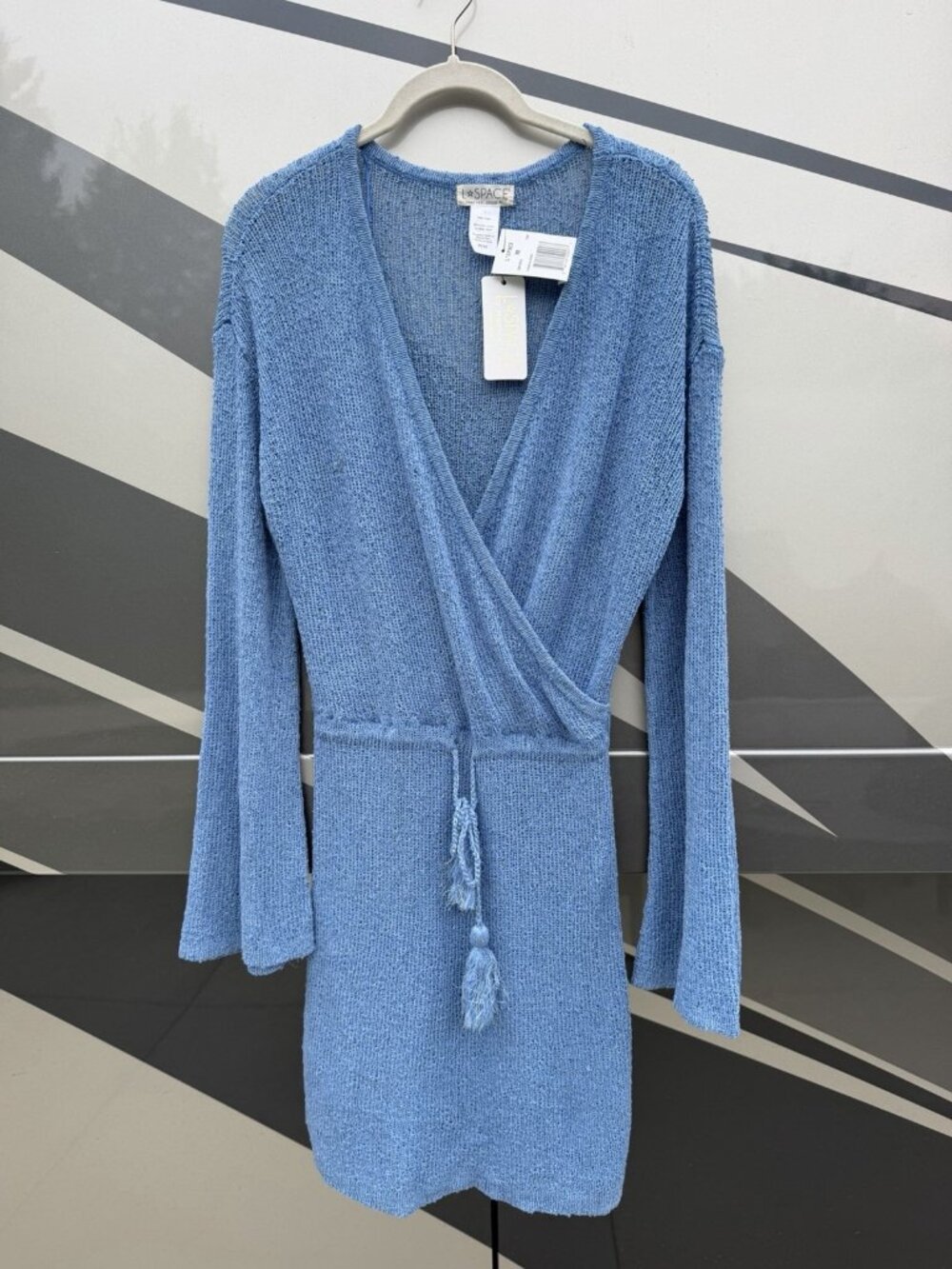 NEW L*Space slate blue Topanga crochet tassel tie waist dress resortwear M